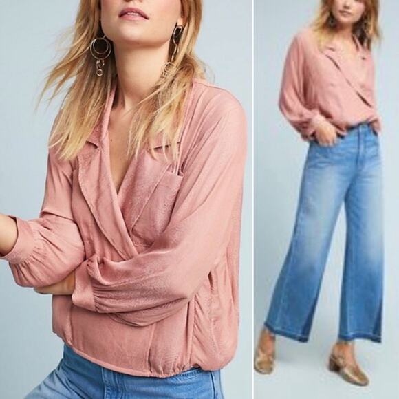 Maeve Anthropologie Blouse Wmoen S Almeria  Shirt Pullover Oversize Lapels Pink - Picture 1 of 10